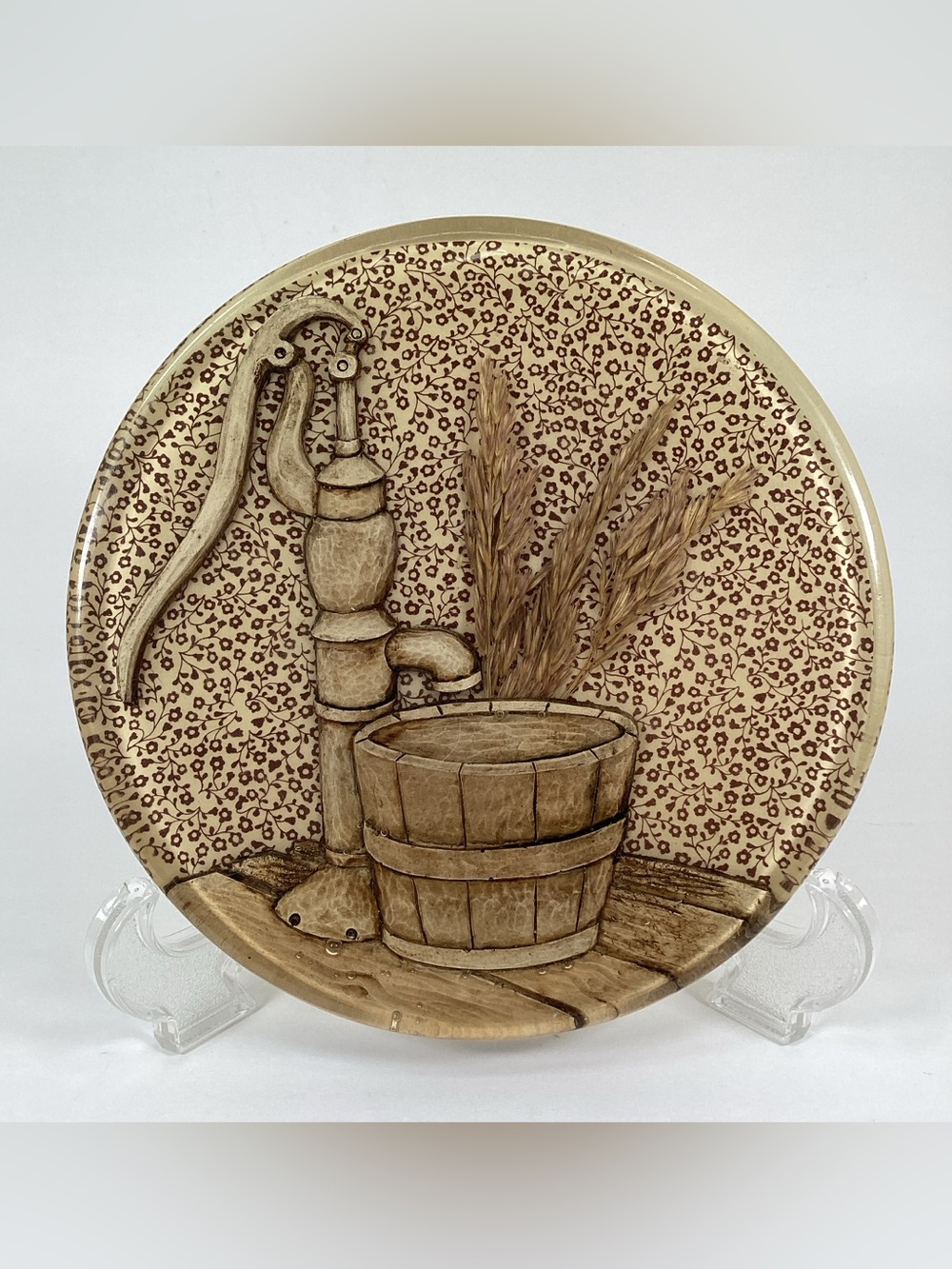 Vintage Lucite Acrylic Trivet 1970’s Dried Wheat 8” Round